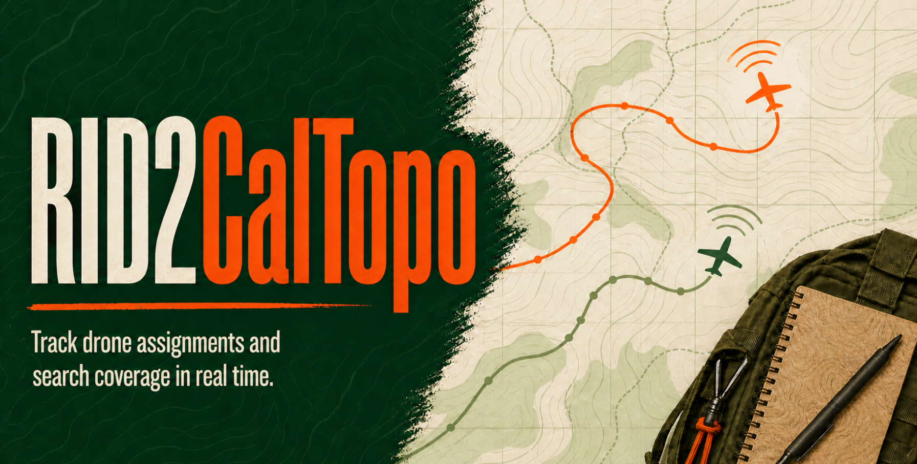 RID2CalTopo illustration showing drone assignments and search coverage in real time on a topographic field map
