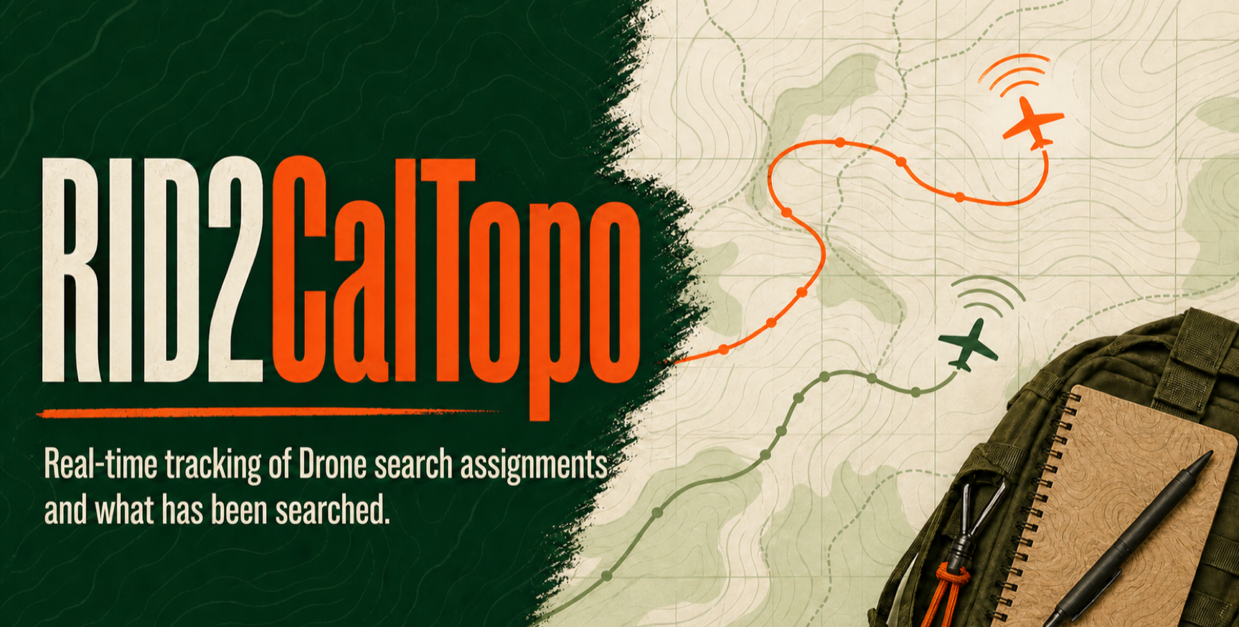 RID2CalTopo illustration reading Know where the drones have searched, with two aircraft tracks on a topographic field map